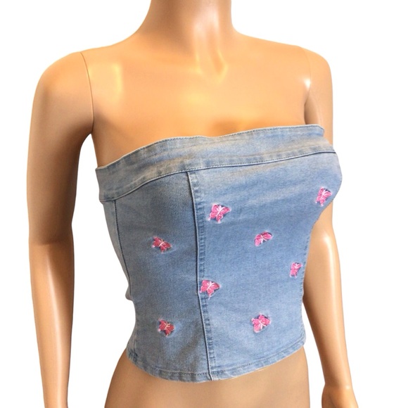 Jolie & Joy Womens Denim Tube Top Small NWT Embroidered Smocked Back - Picture 3 of 7